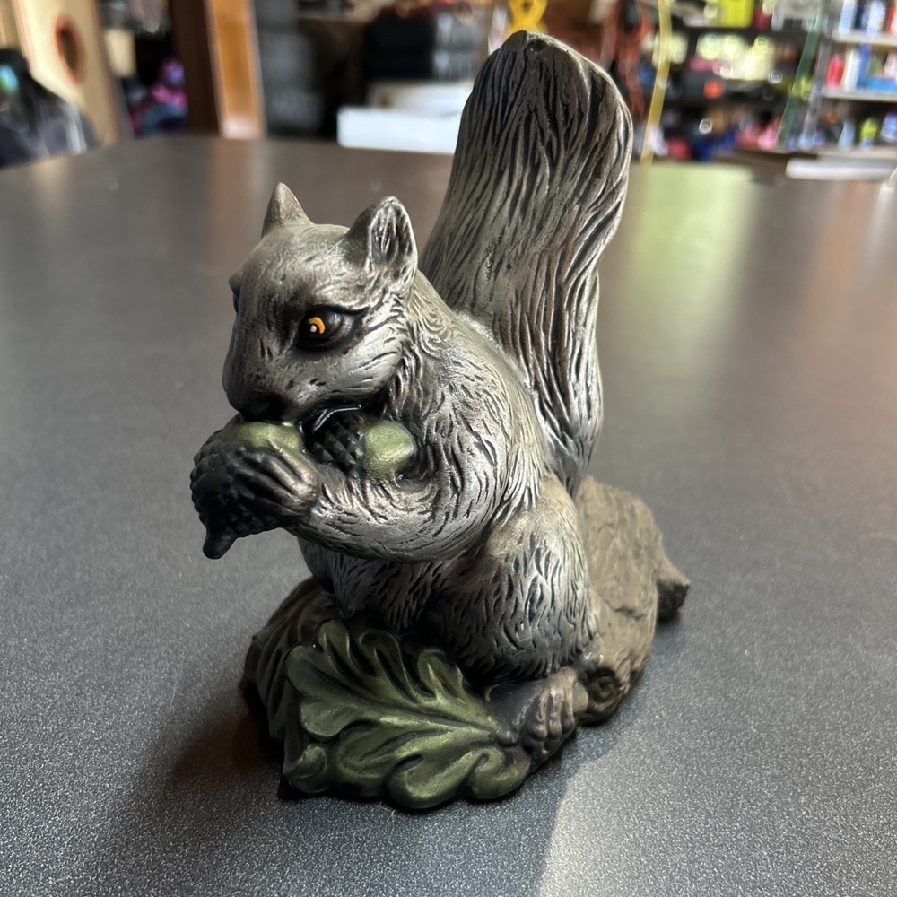 Vintage 70s Squirrel Figurine On Tree Stump Ceramic Leaves And Acorns